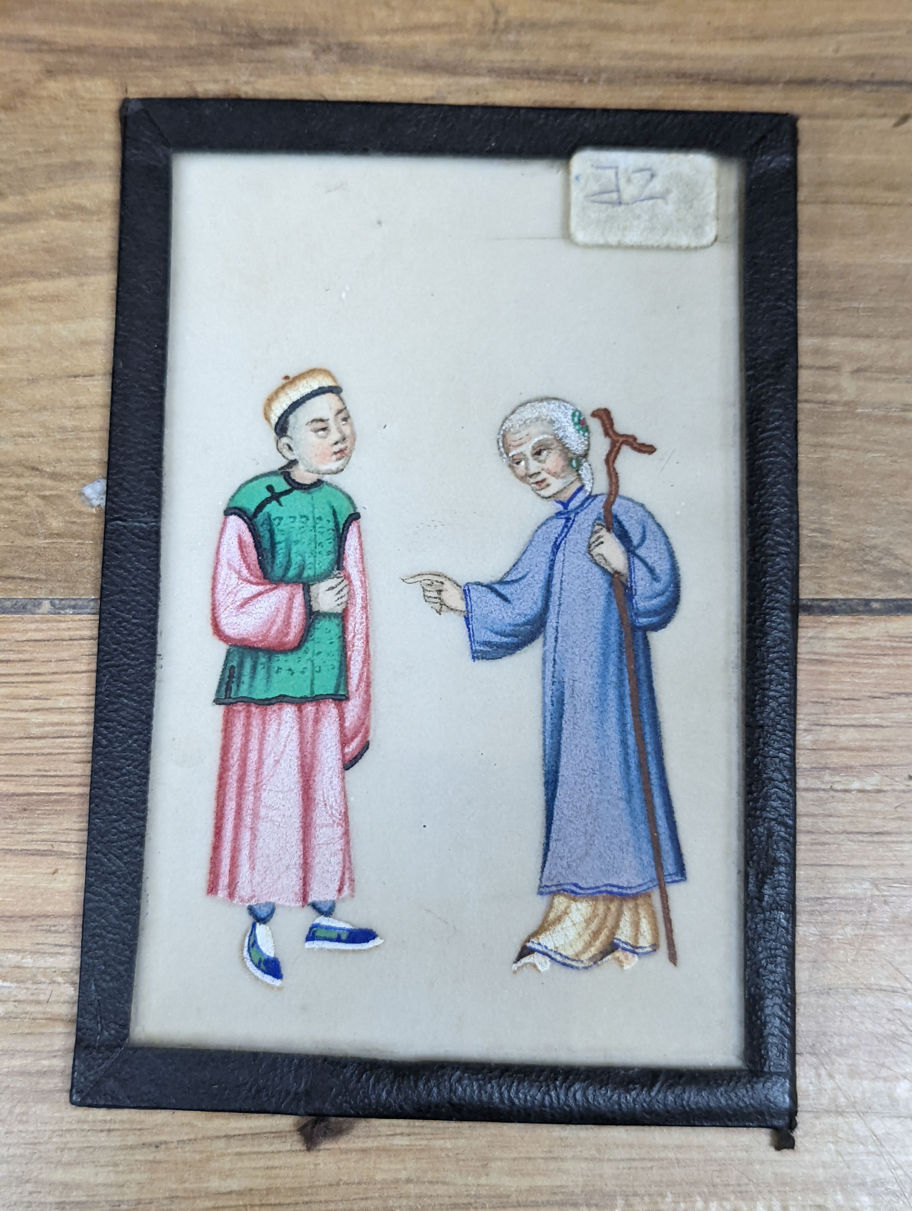 A group of ten assorted Chinese gouache on pith paper paintings, Studies of figures and junks, largest 15 x 10cm